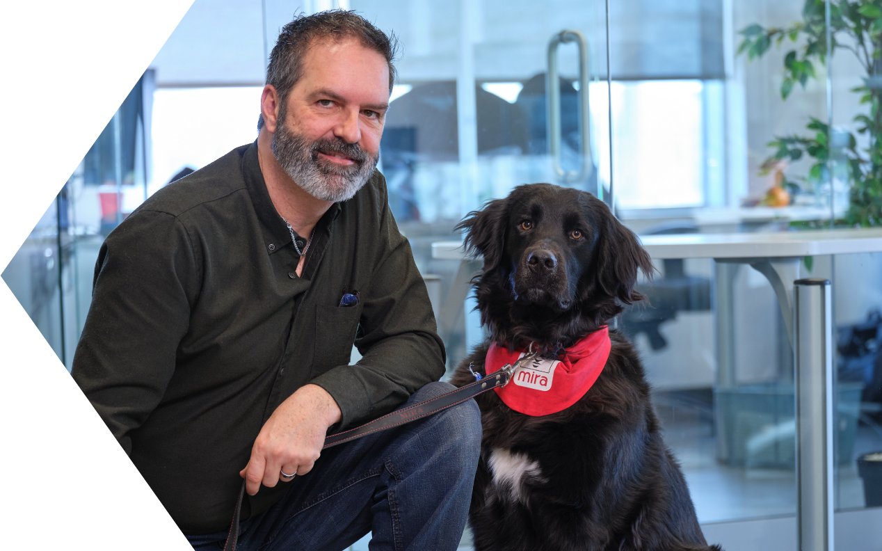 Mira dog in service with owner at TIBO headquarter office